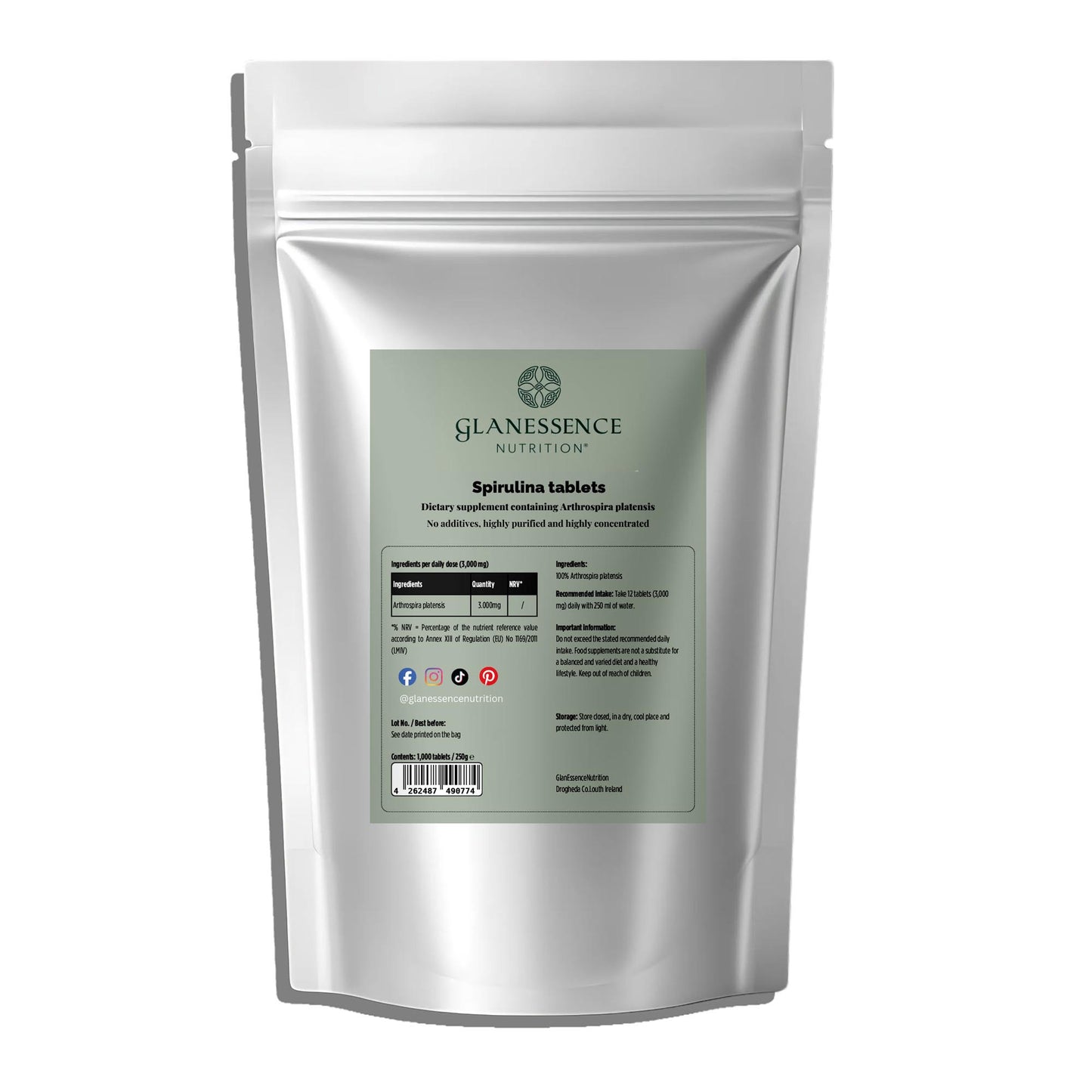 Glanessence Nutrition Spirulina Tablets packaging on a white background