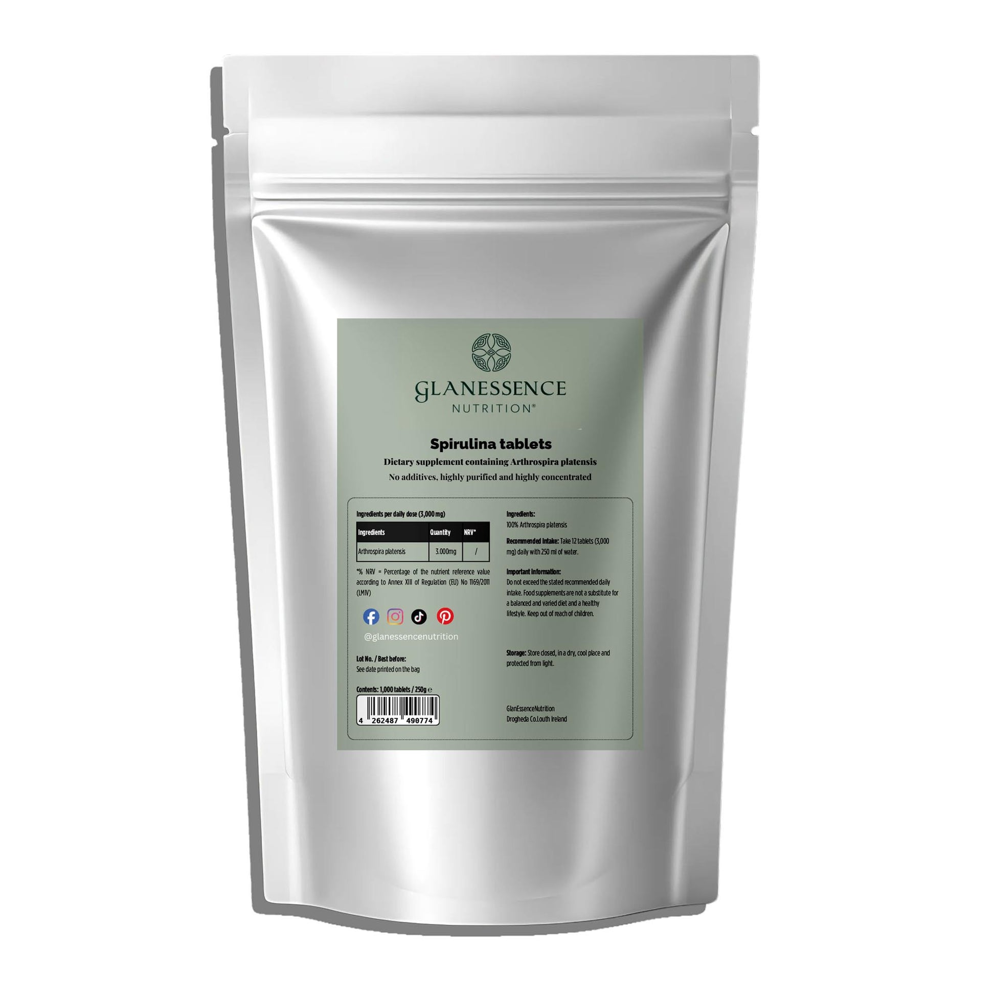 Glanessence Nutrition Spirulina Tablets packaging on a white background