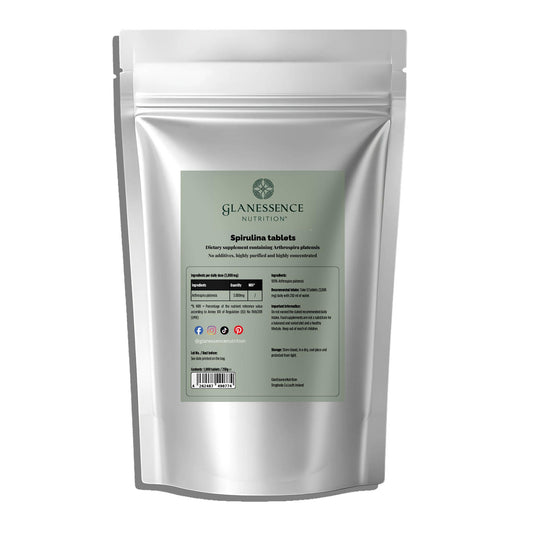 Glanessence Nutrition Spirulina Tablets packaging on a white background