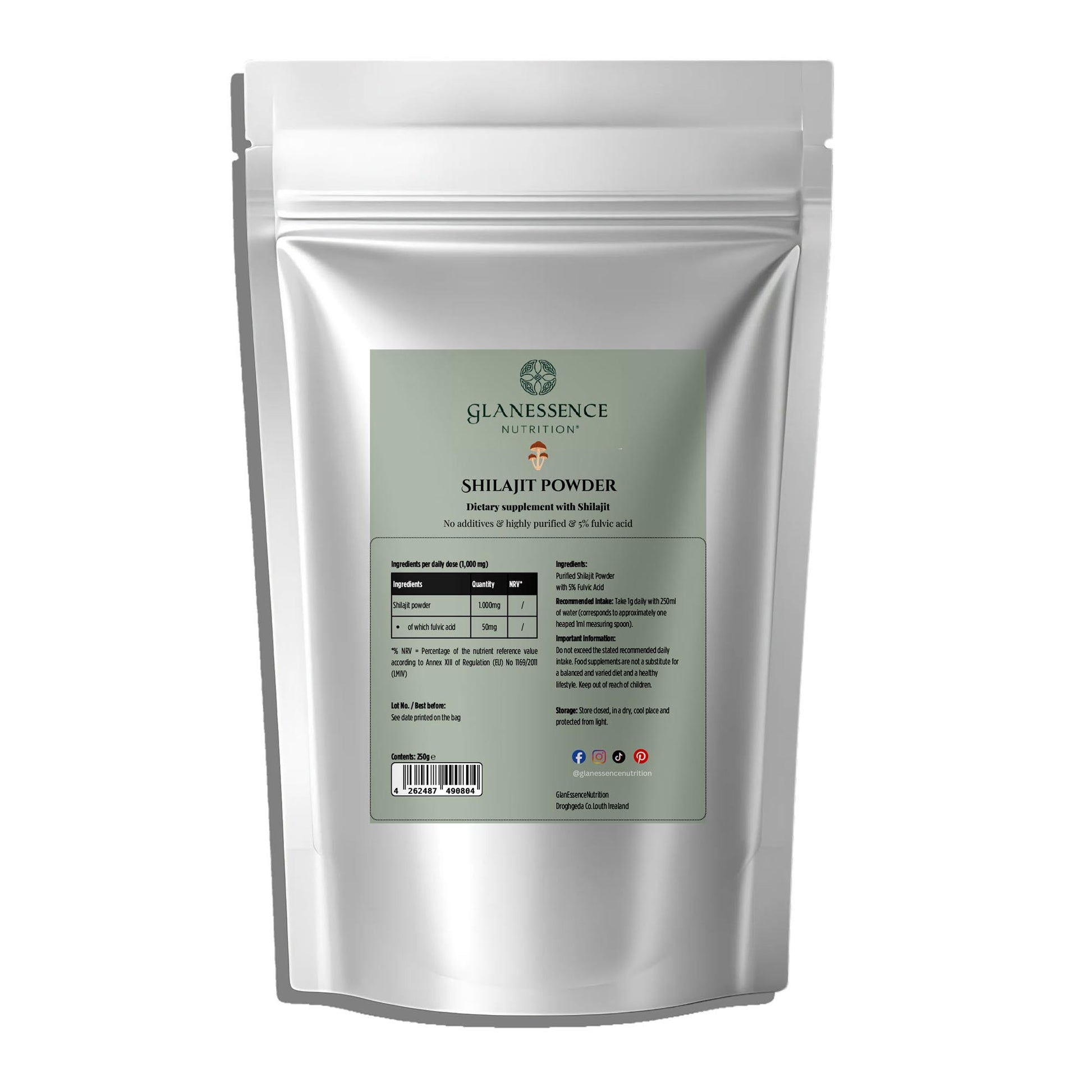 Shilajit powder package with Guanessence Nutrition branding on a white background