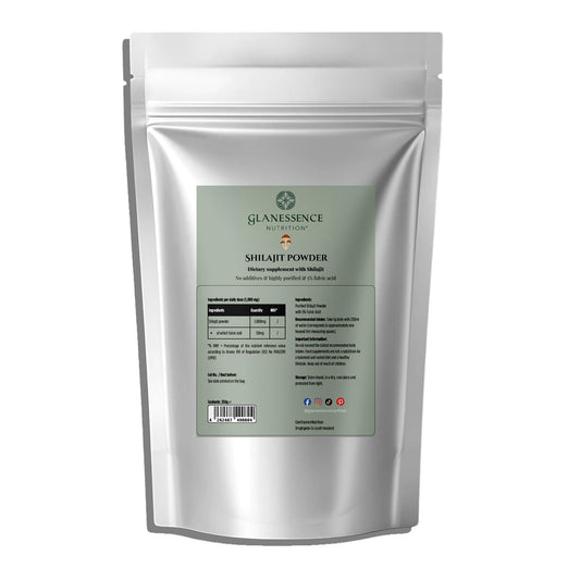 Shilajit powder package with Guanessence Nutrition branding on a white background