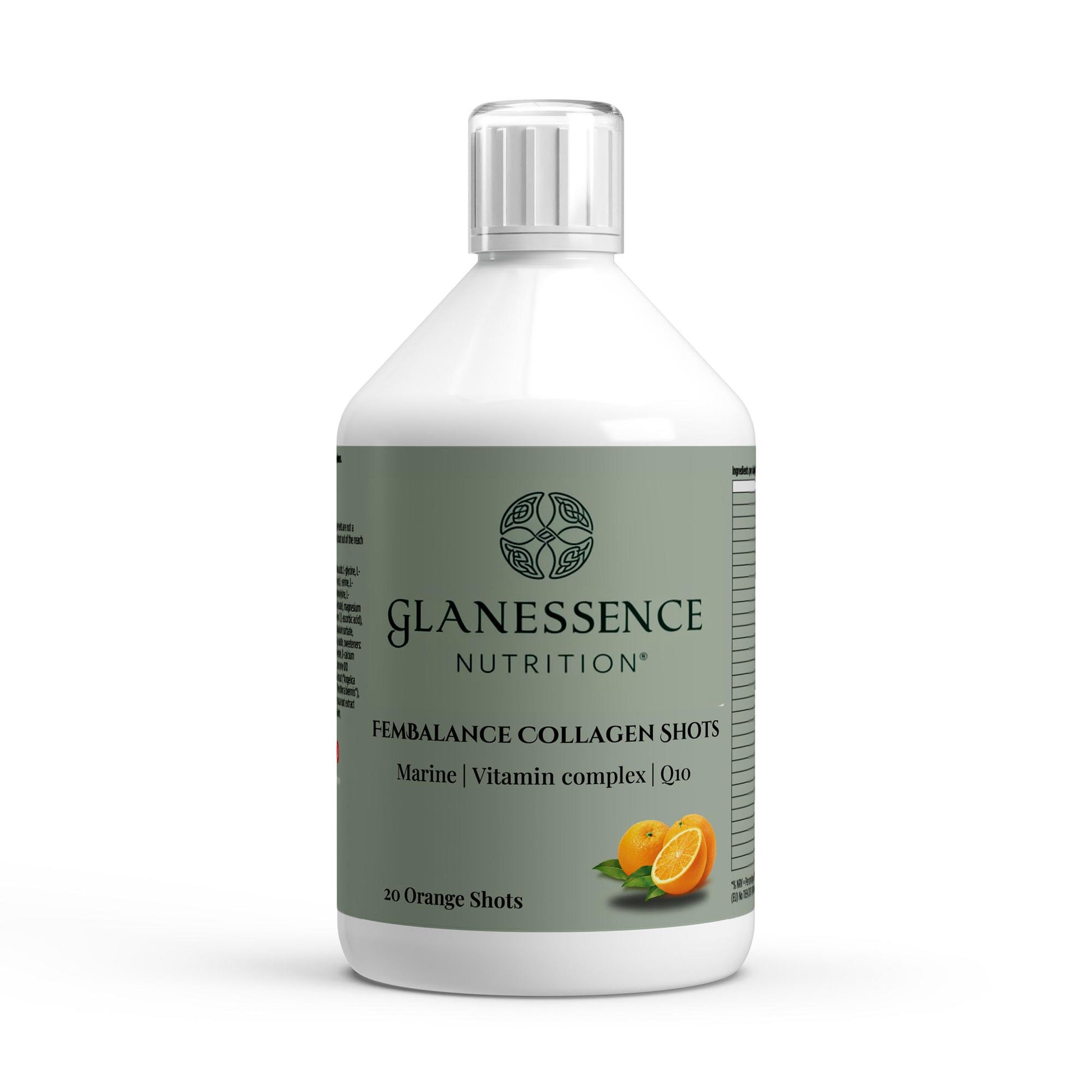 A white plastic bottle of Glanessence Nutrition Fembalance Collagen Shots with a muted green label and a silver cap, shown on a clean white background.