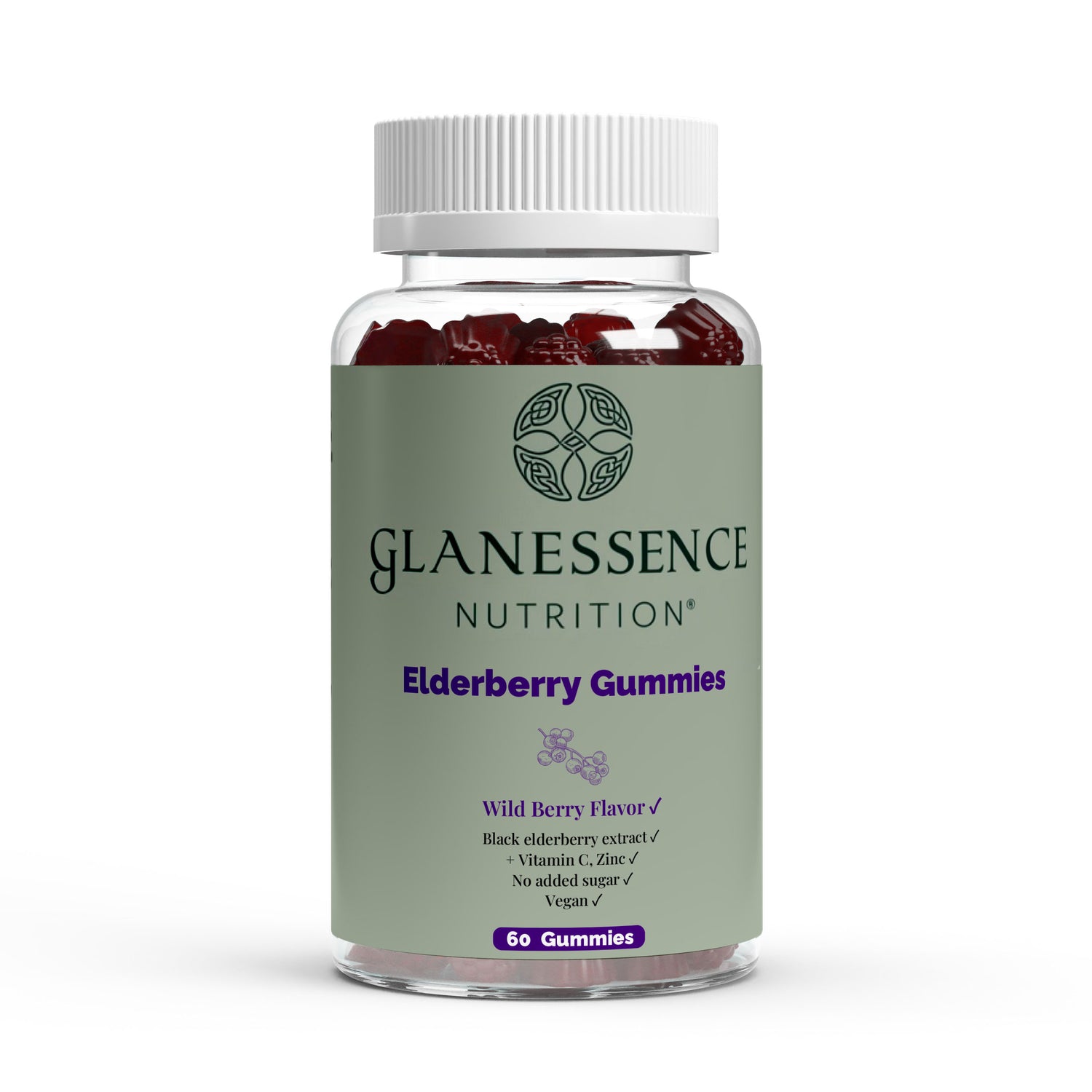 Glanessence Nutrition Elderberry Gummies container on a white background