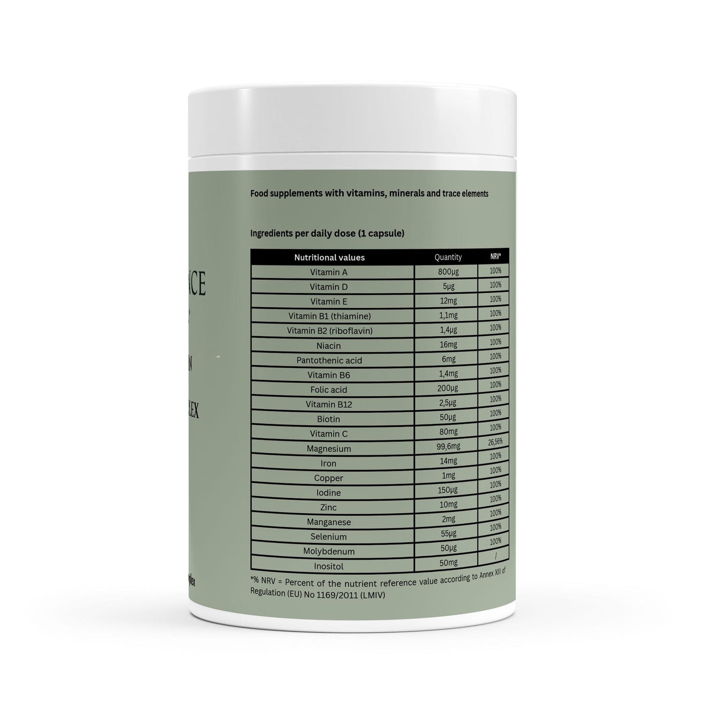 Supplement container with nutritional information label on a white background