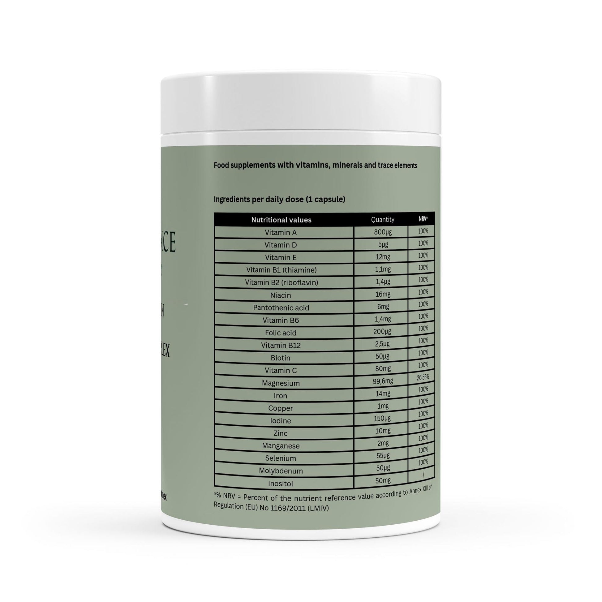 Supplement container with nutritional information label on a white background