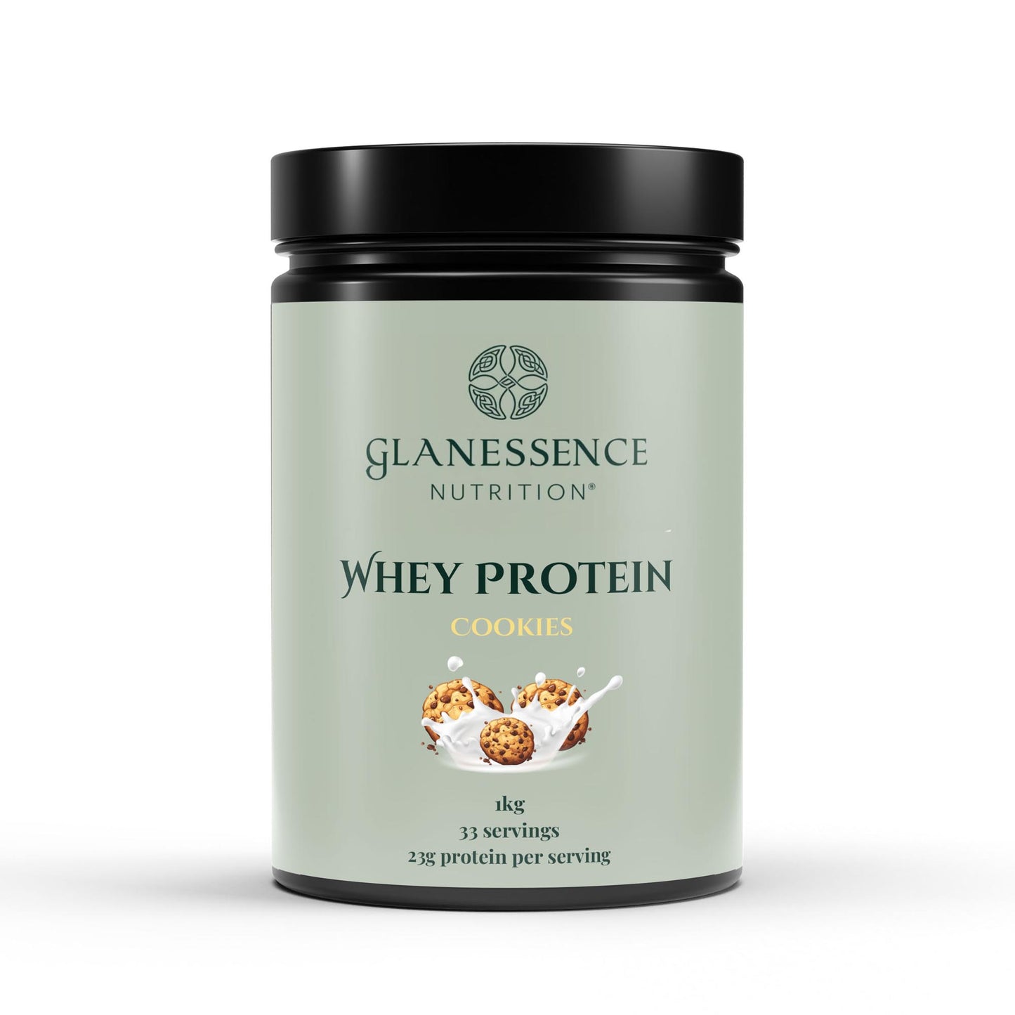 Glanessence Nutrition whey protein container on a white background