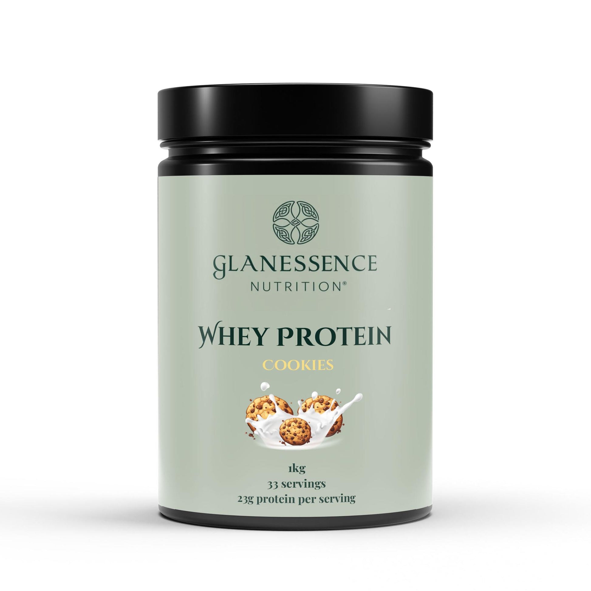 Glanessence Nutrition whey protein container on a white background