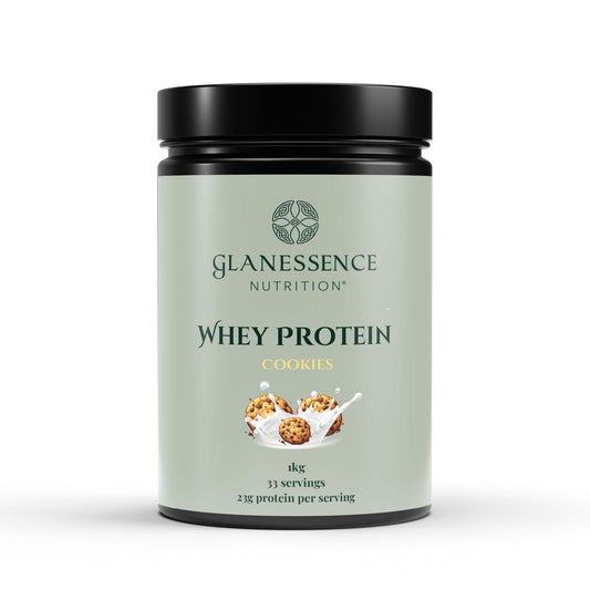 Glanessence Nutrition whey protein container on a white background