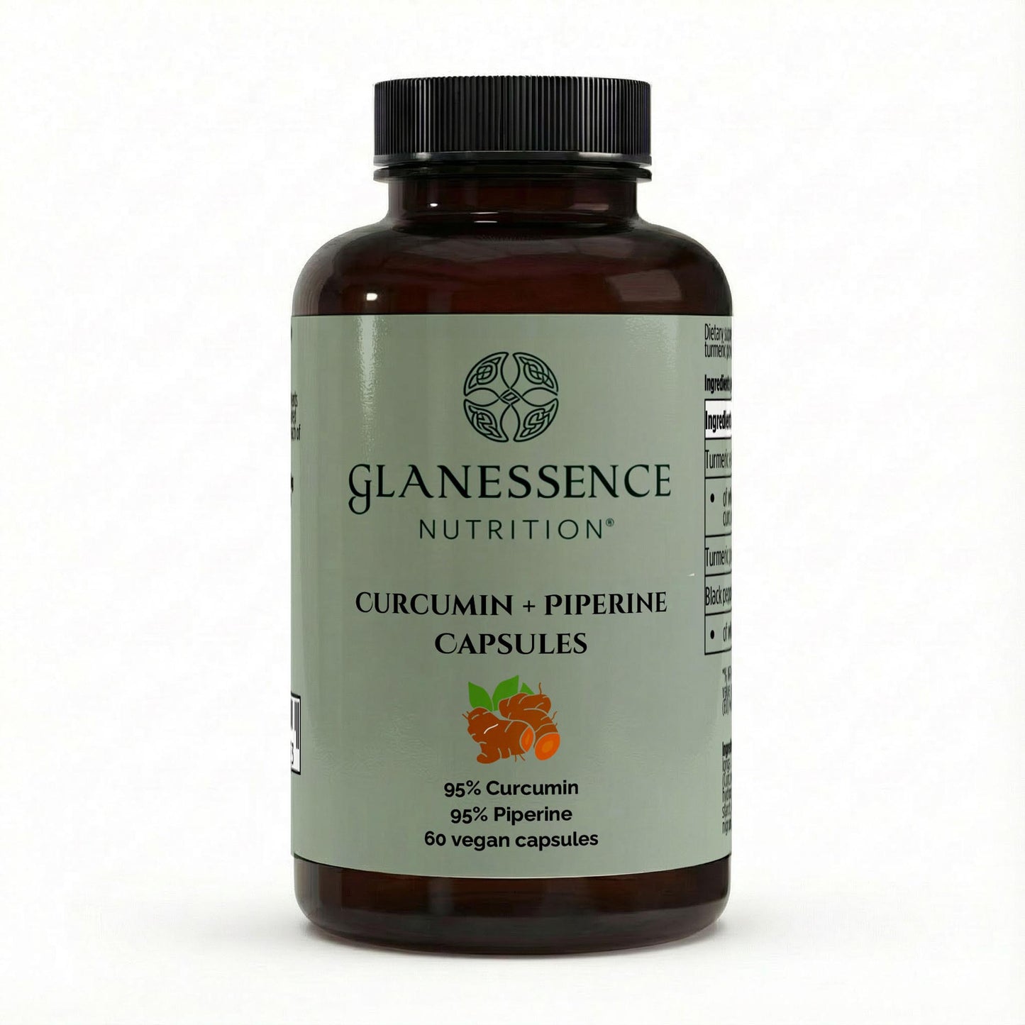 Glanessence Nutrition Curcumin + Piperine capsules bottle on a white background