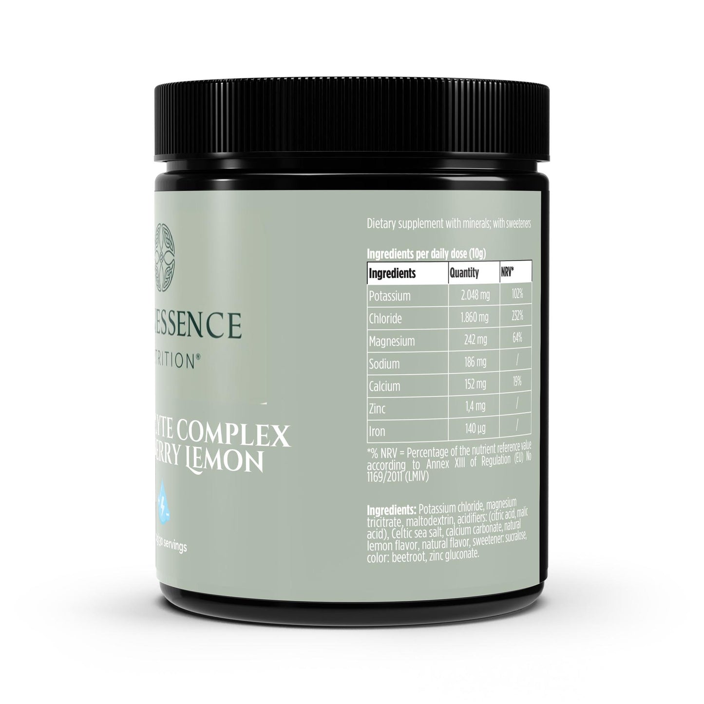 Supplement container labeled 'Essence' with a white background