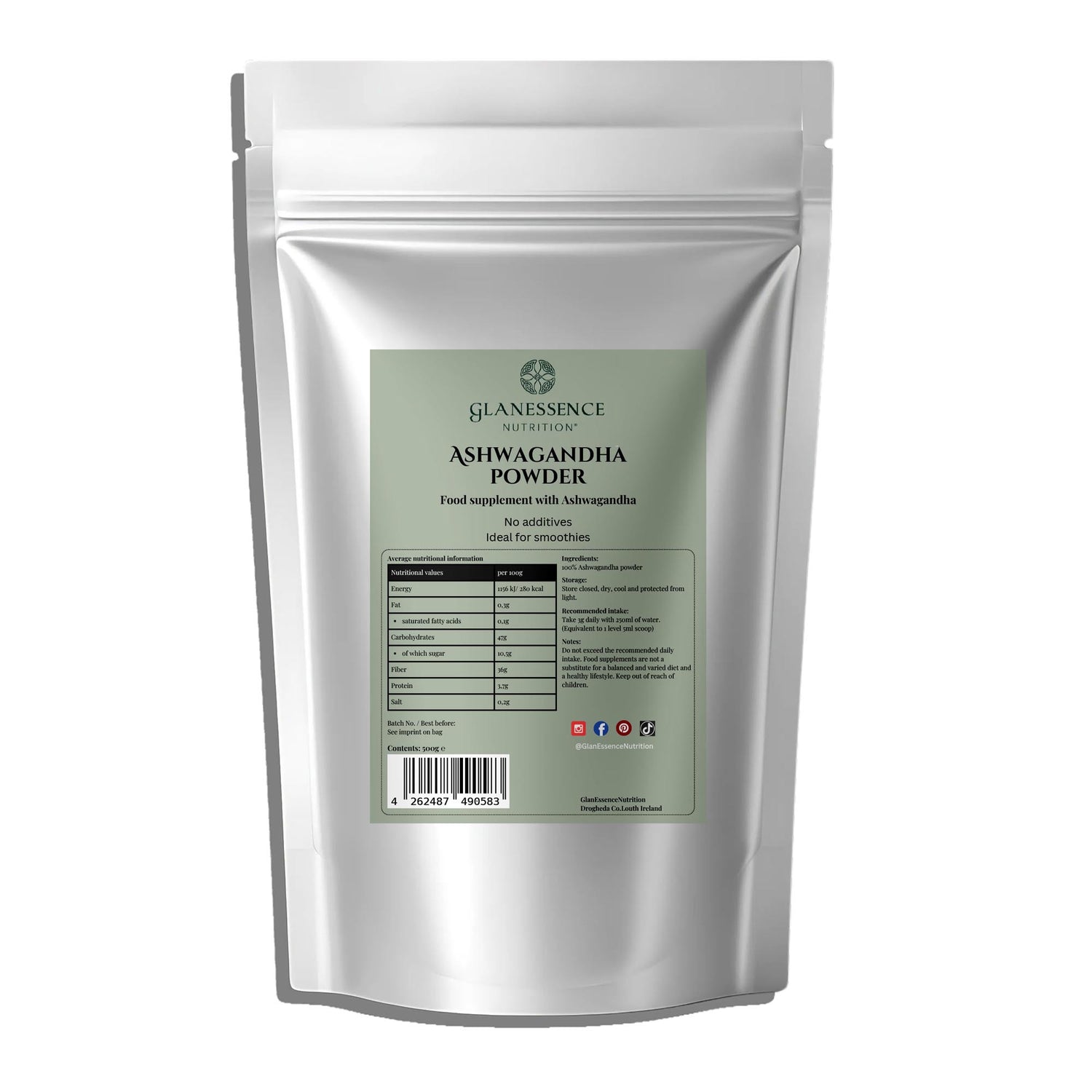 Glanessence Ashwagandha Powder packaging on a white background
