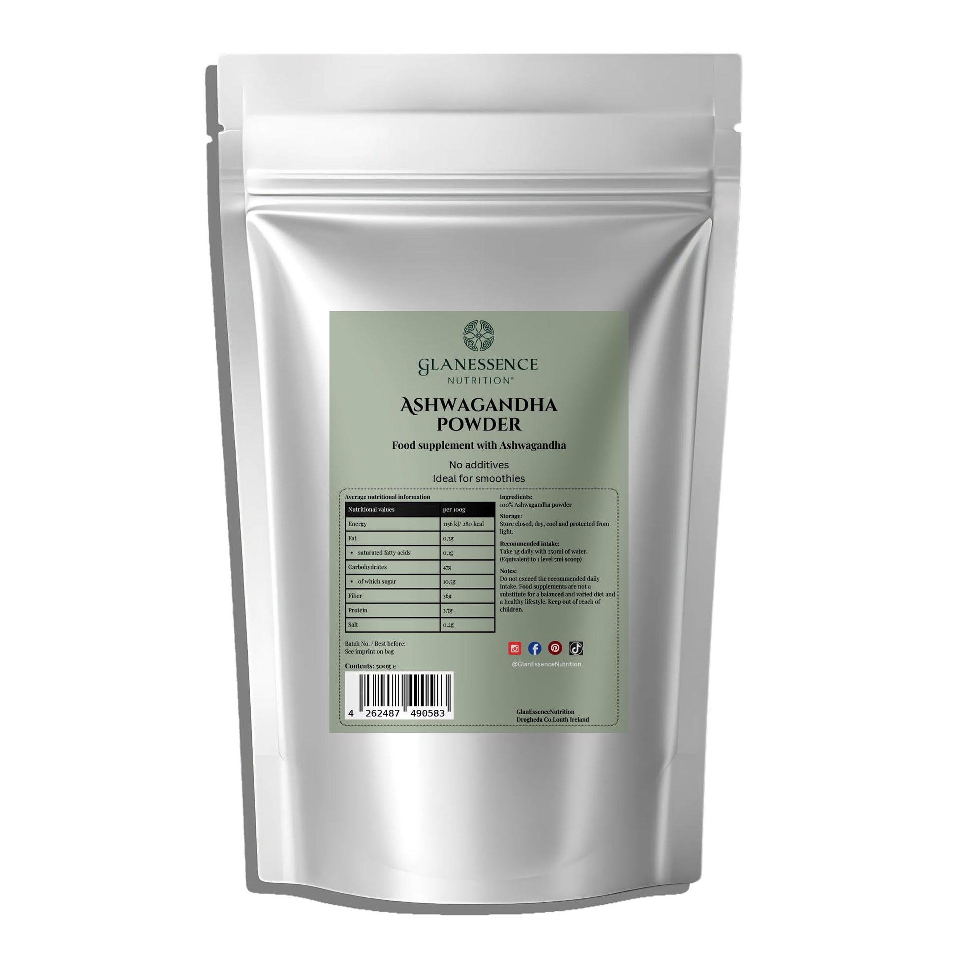 Glanessence Ashwagandha Powder packaging on a white background