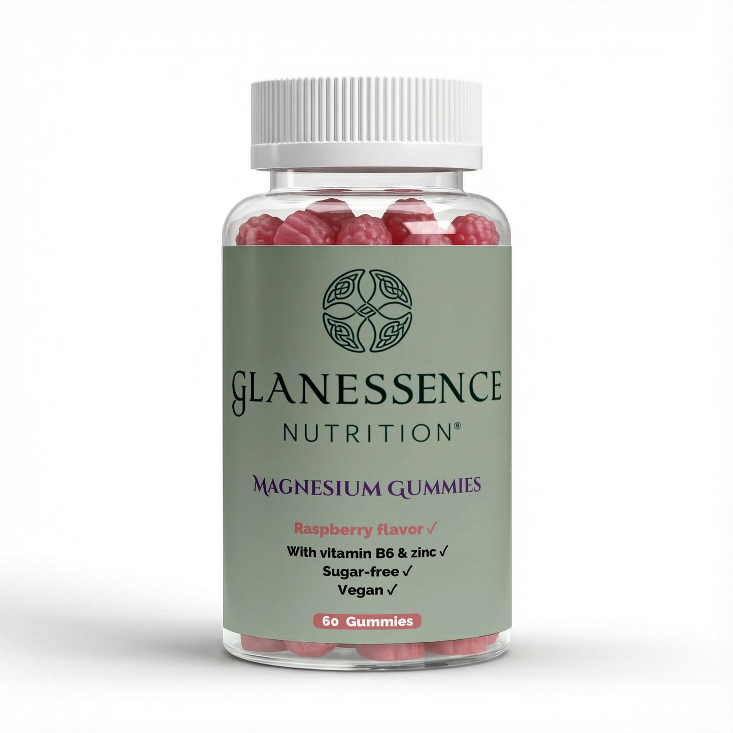 A bottle of Glanessence Nutrition Magnesium Gummies, Raspberry flavor, with a white cap and a sage green label, shown on a white background.