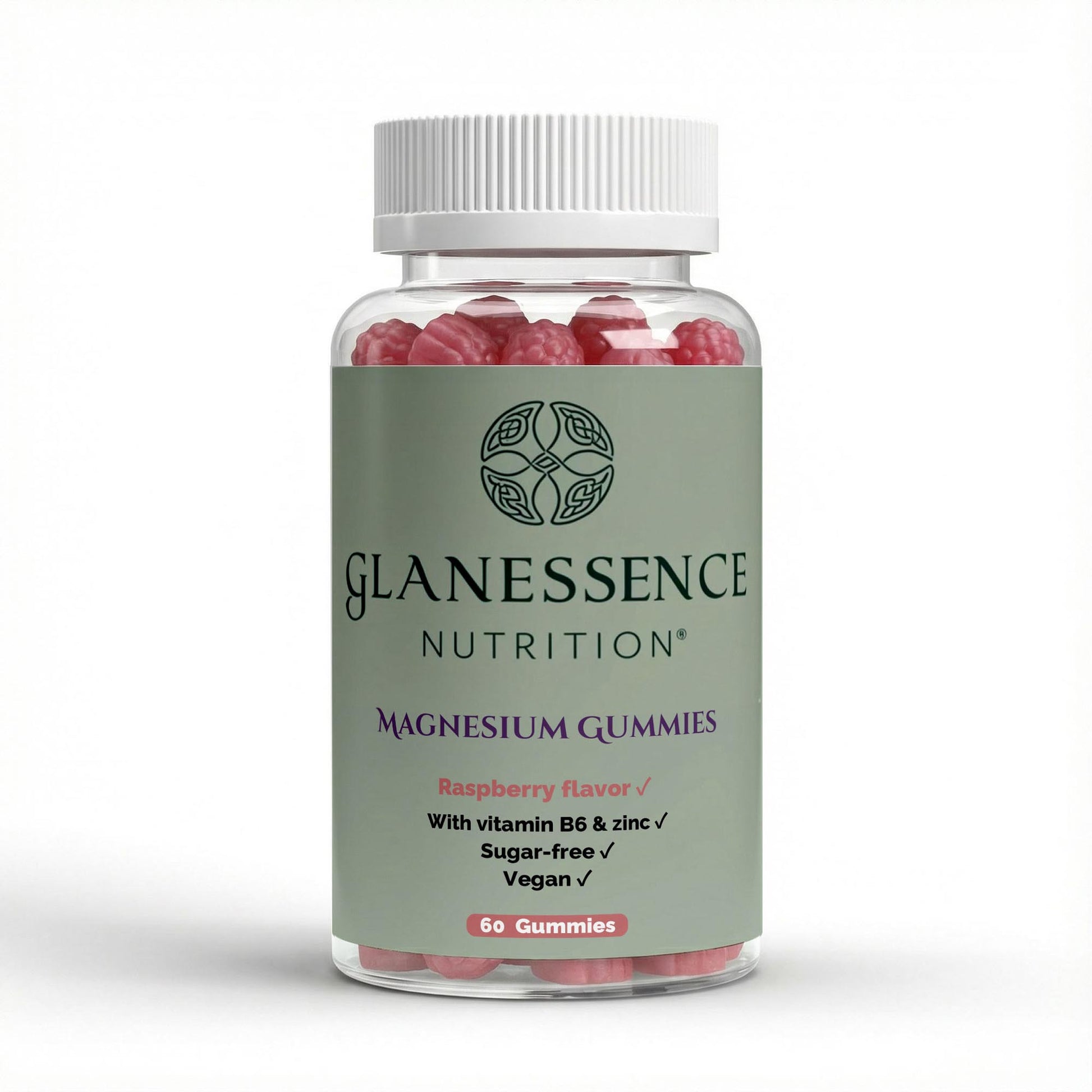 A bottle of Glanessence Nutrition Magnesium Gummies, Raspberry flavor, with a white cap and a sage green label, shown on a white background.