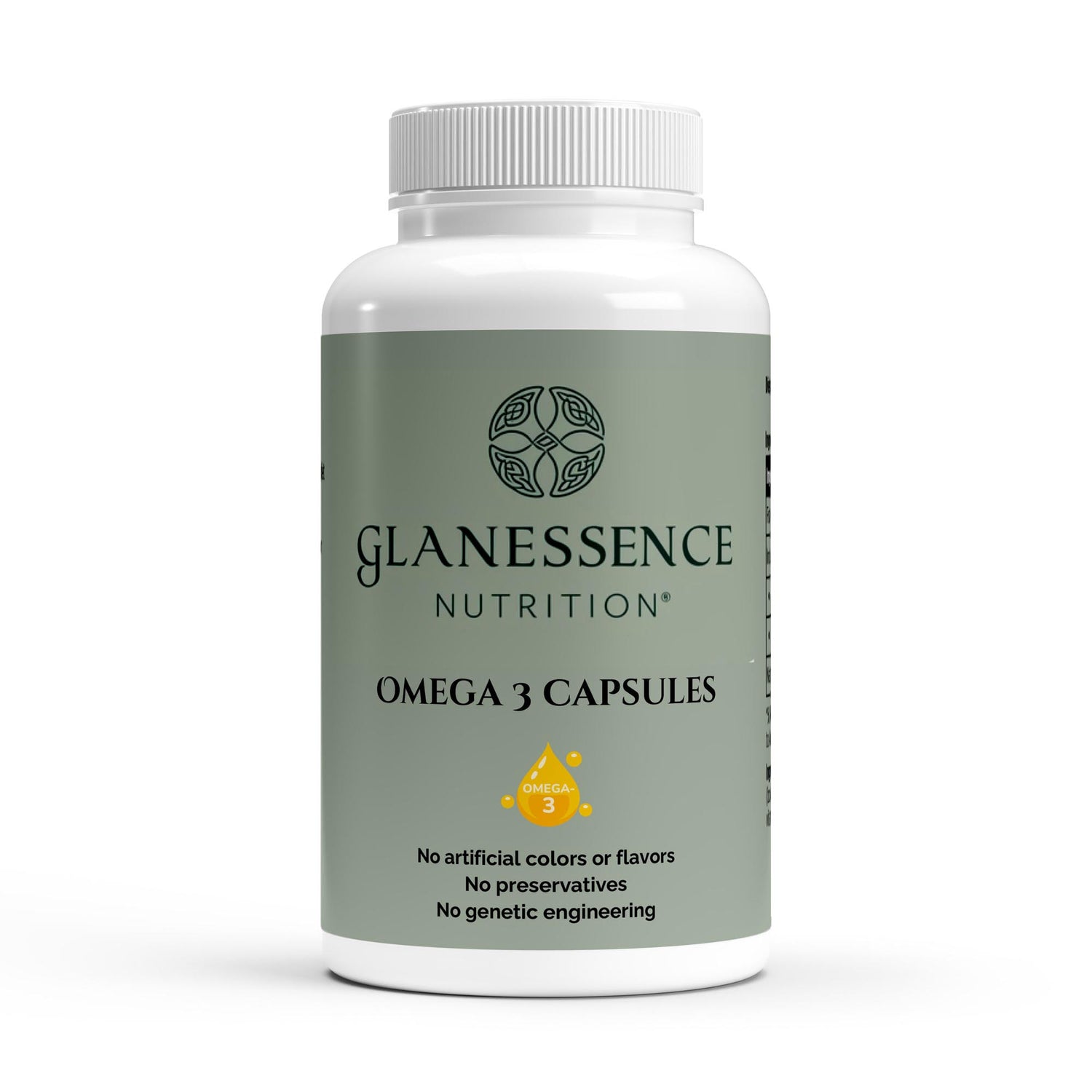 Glanessence Nutrition Omega 3 Capsules bottle on a white background