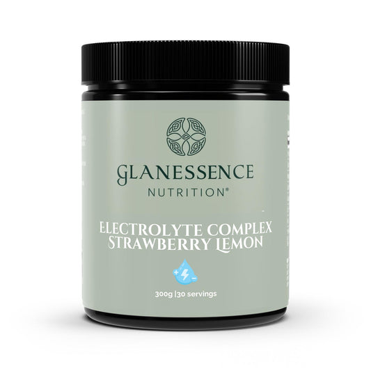Glanesence Nutrition electrolyte complex powder container on a white background