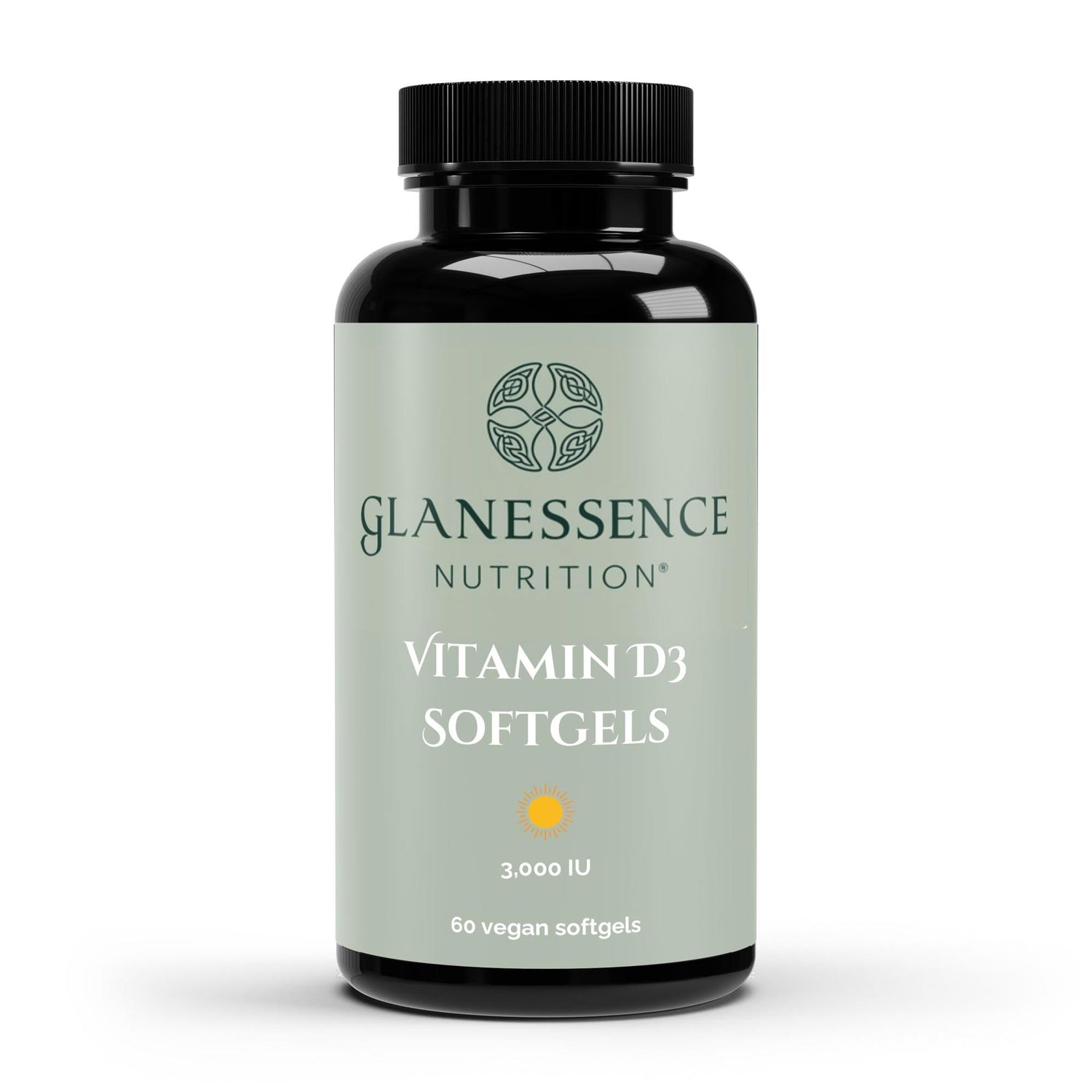 Glanessence Nutrition Vitamin D3 Softgels bottle on a white background