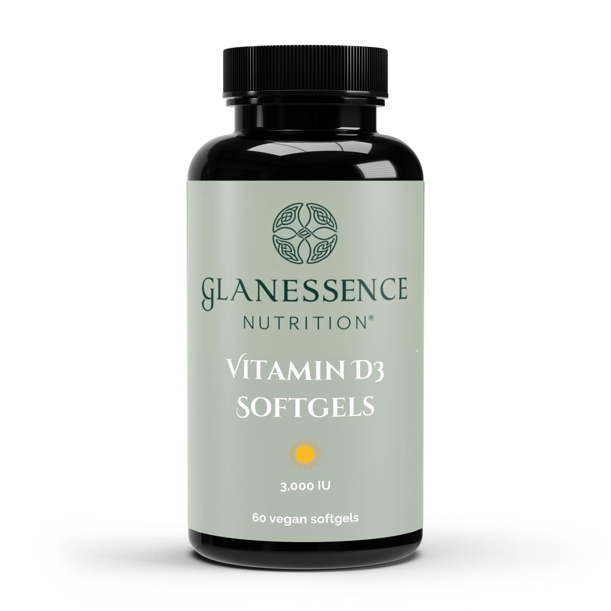 Glanessence Nutrition Vitamin D3 Softgels bottle on a white background