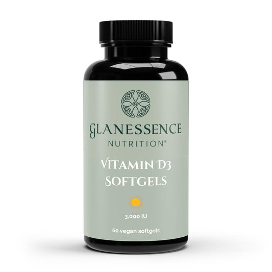 Glanessence Nutrition Vitamin D3 Softgels bottle on a white background