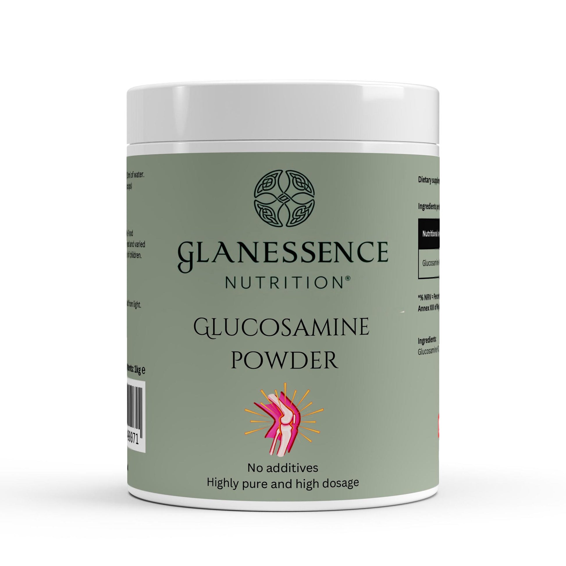 Glanessence Nutrition Glucosamine Powder container on a white background