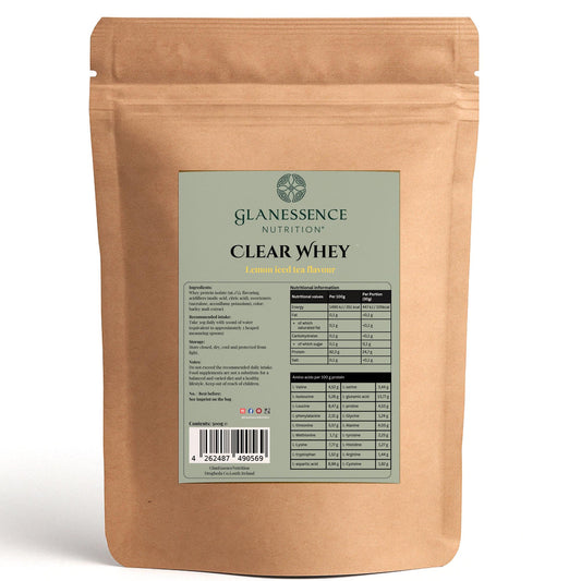 Glanesence Nutrition Clear Whey protein powder package on a white background