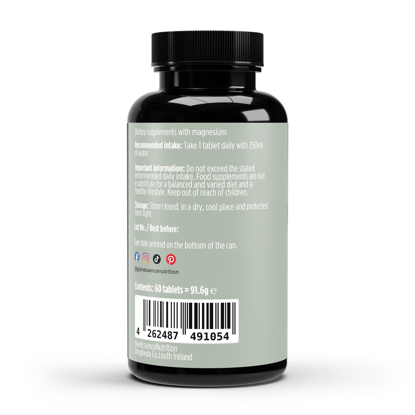 Black supplement bottle with a label on a white background