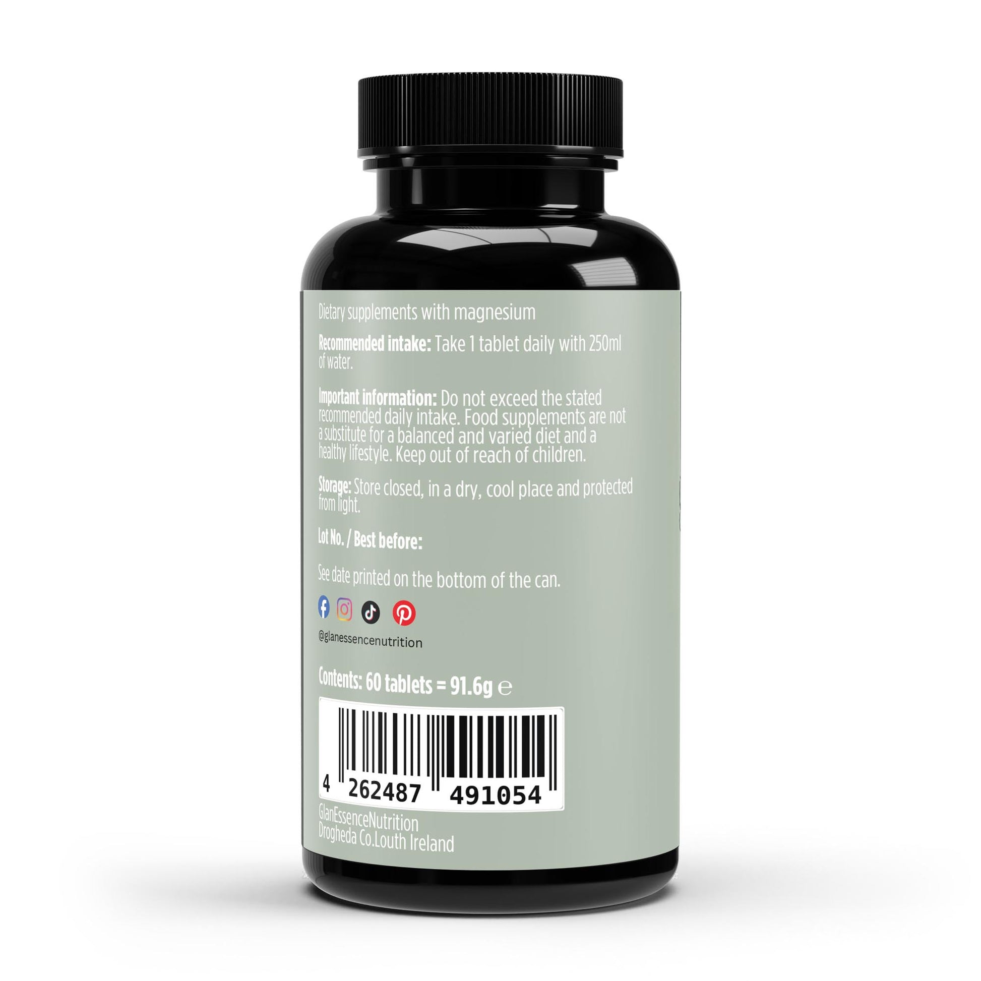 Black supplement bottle with a label on a white background