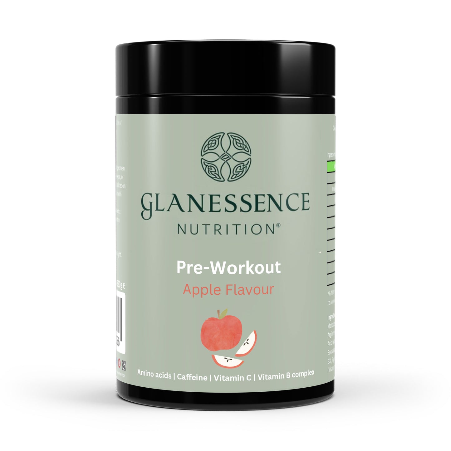 Glanessence Nutrition pre-workout supplement container with apple flavor on a white background