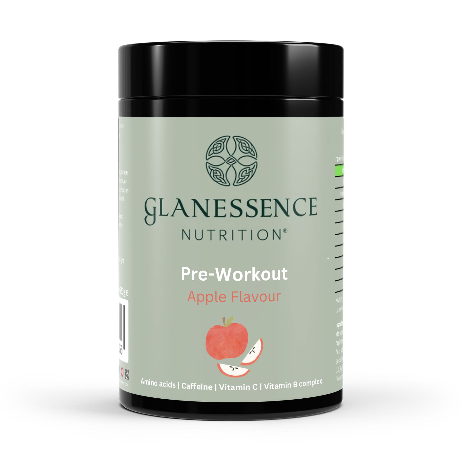 Glanessence Nutrition pre-workout supplement container with apple flavor on a white background