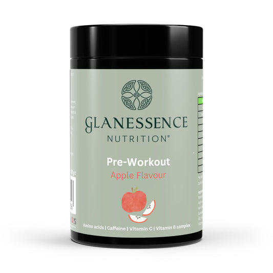 Glanessence Nutrition pre-workout supplement container with apple flavor on a white background