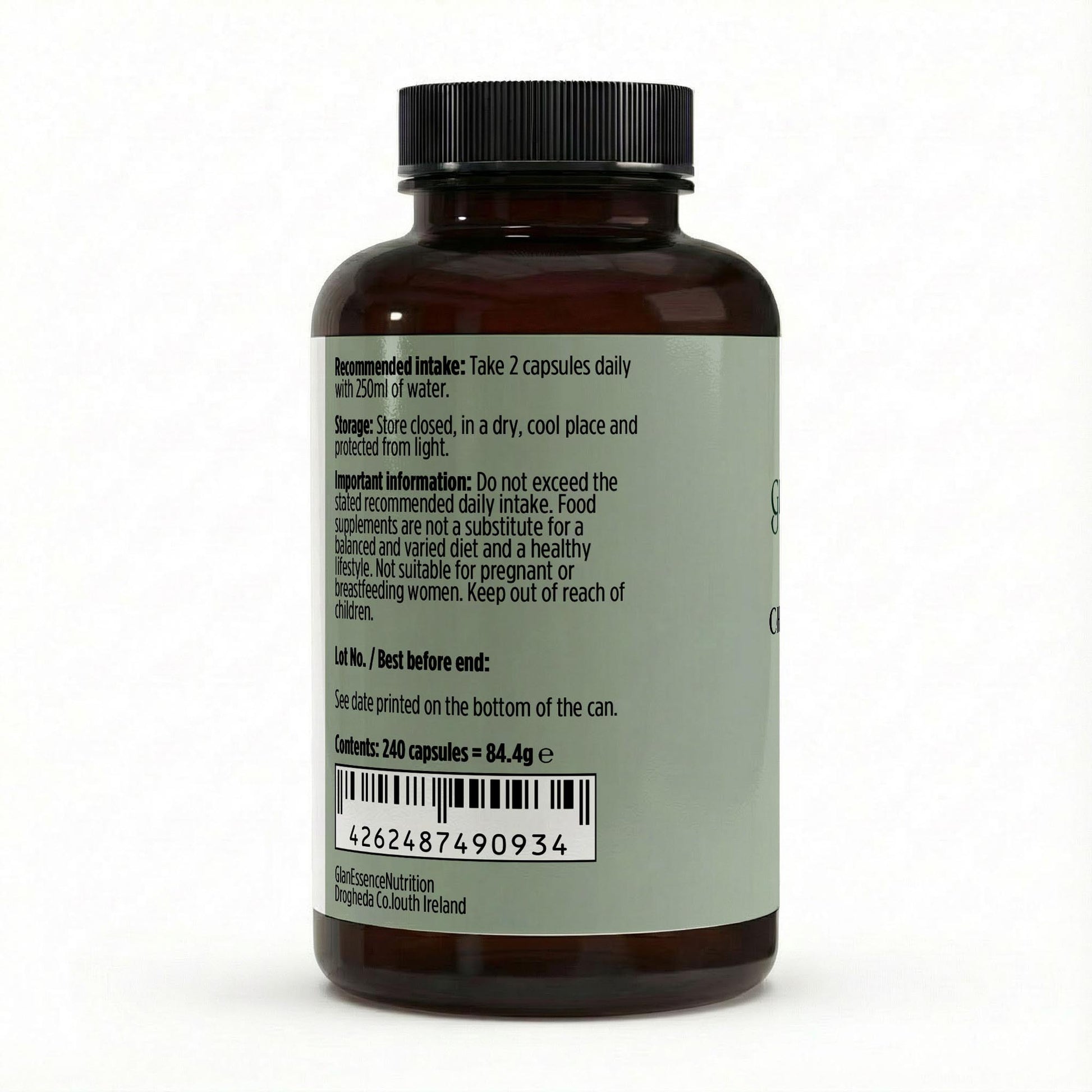 Brown supplement bottle with label on a white background