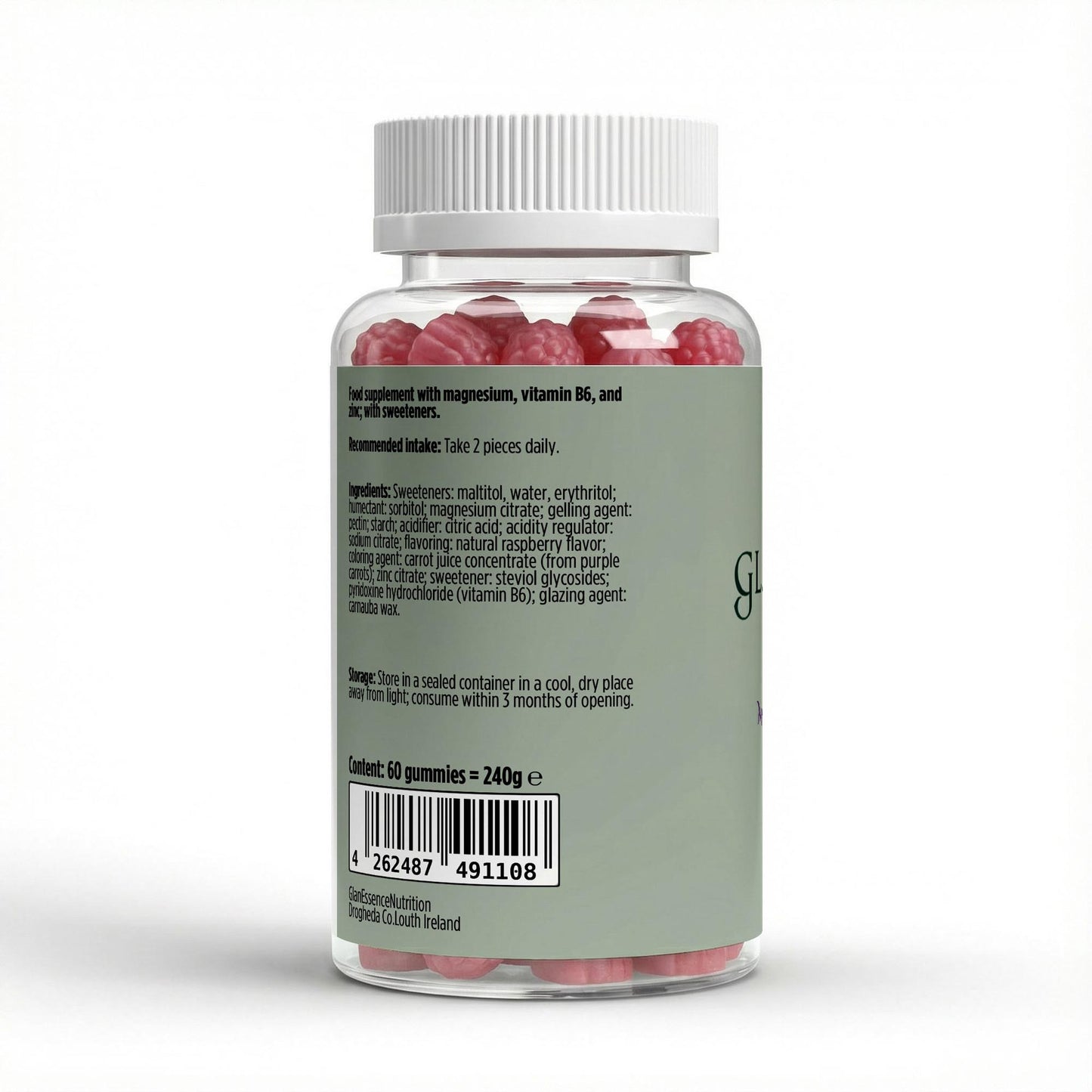 A clear plastic bottle of gummies with a white ribbed cap and a muted sage green label, shown from the back on a white background. Red gummies are visible through the transparent bottle.