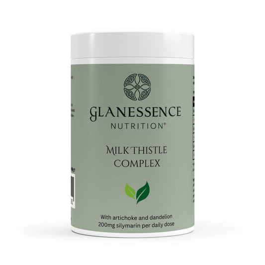 Glanessence Nutrition Milk Thistle Complex supplement container on a white background