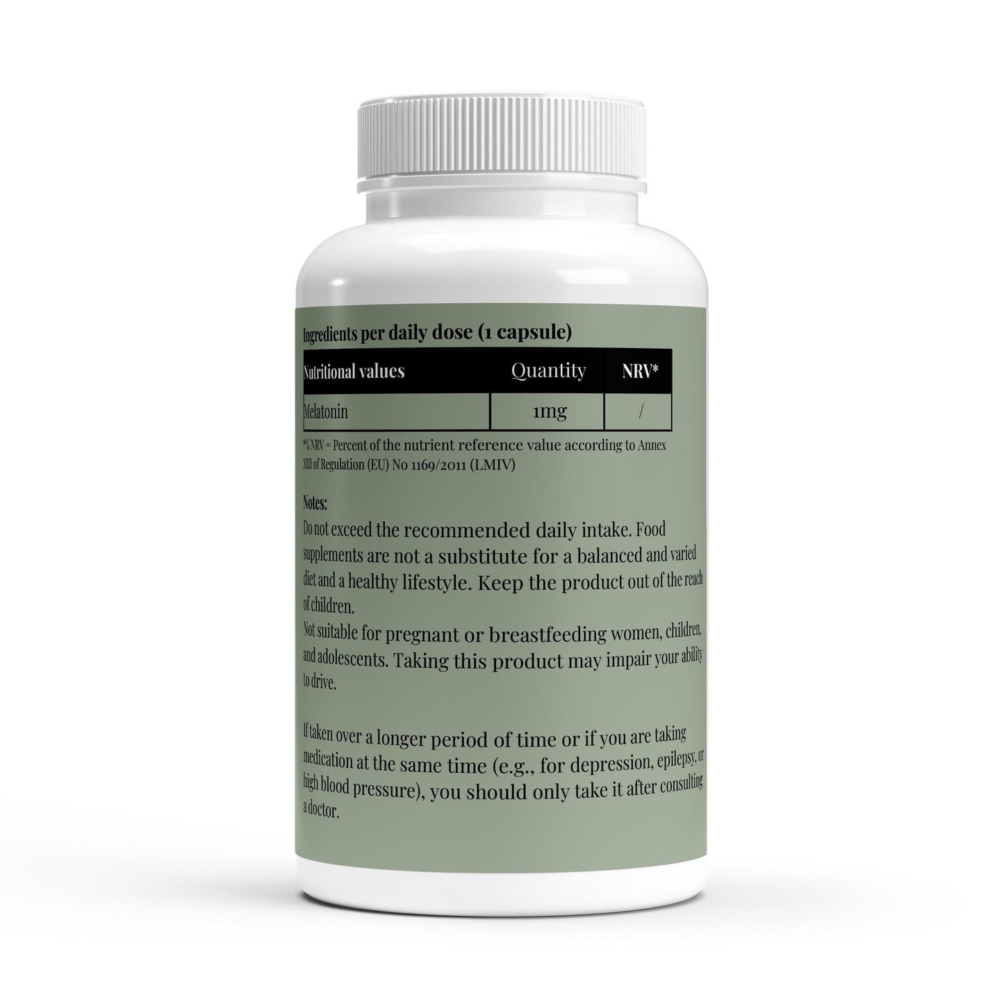 White supplement bottle with a green label on a white background