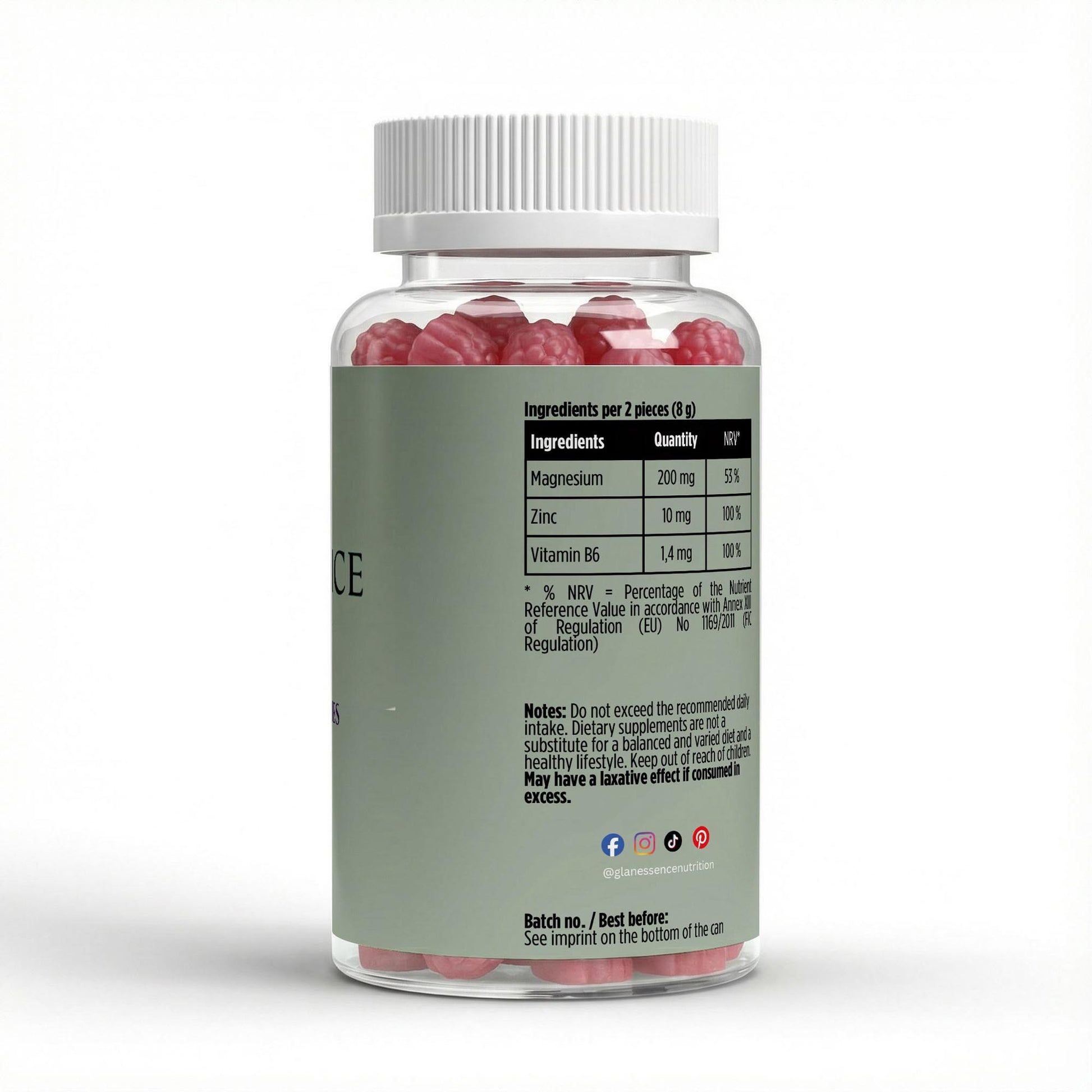 A clear supplement bottle with a ribbed white cap, showing red oval tablets inside and a muted sage green label with white text. The back of the bottle is shown against a clean white background.