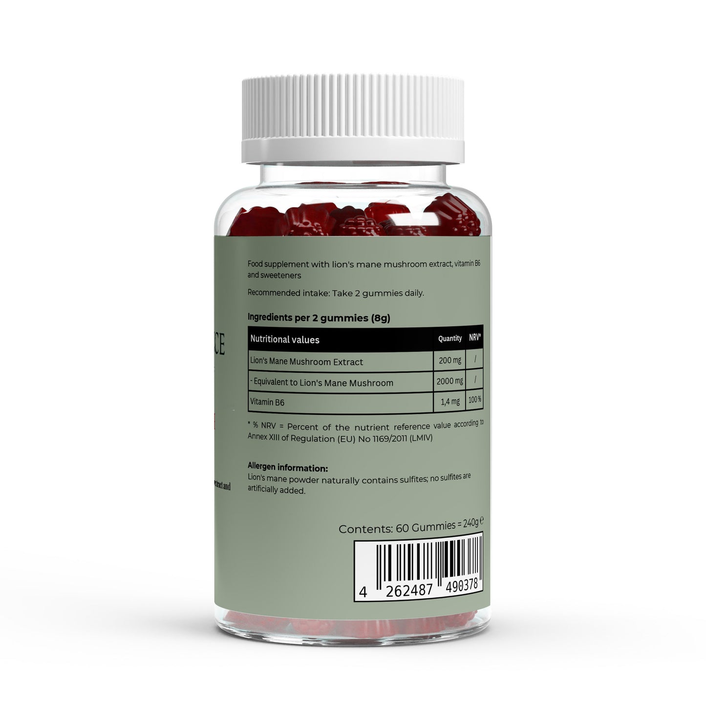 Supplement bottle with gummy vitamins on a white background
