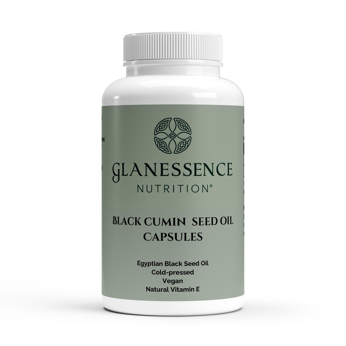 Glanesence Nutrition Black Cumin Seed Oil Capsules bottle on a white background