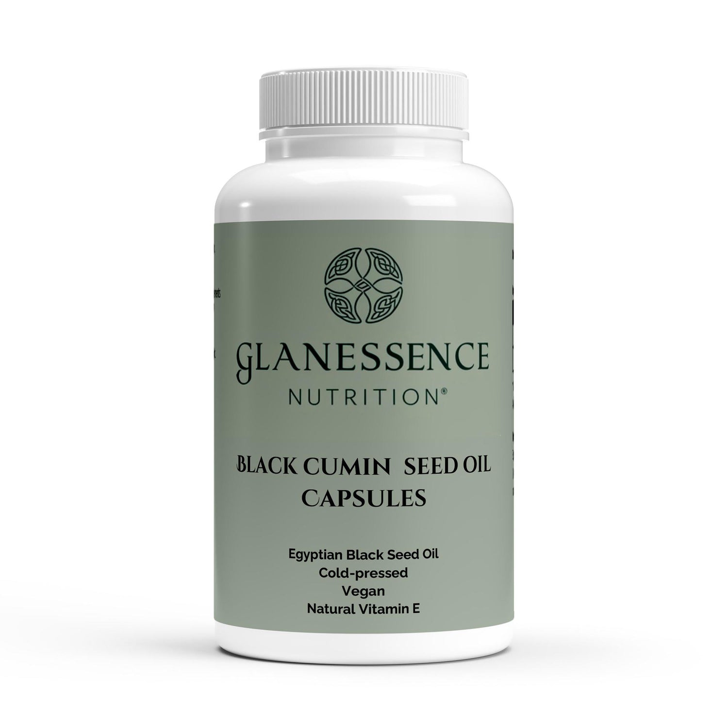 Glanesence Nutrition Black Cumin Seed Oil Capsules bottle on a white background