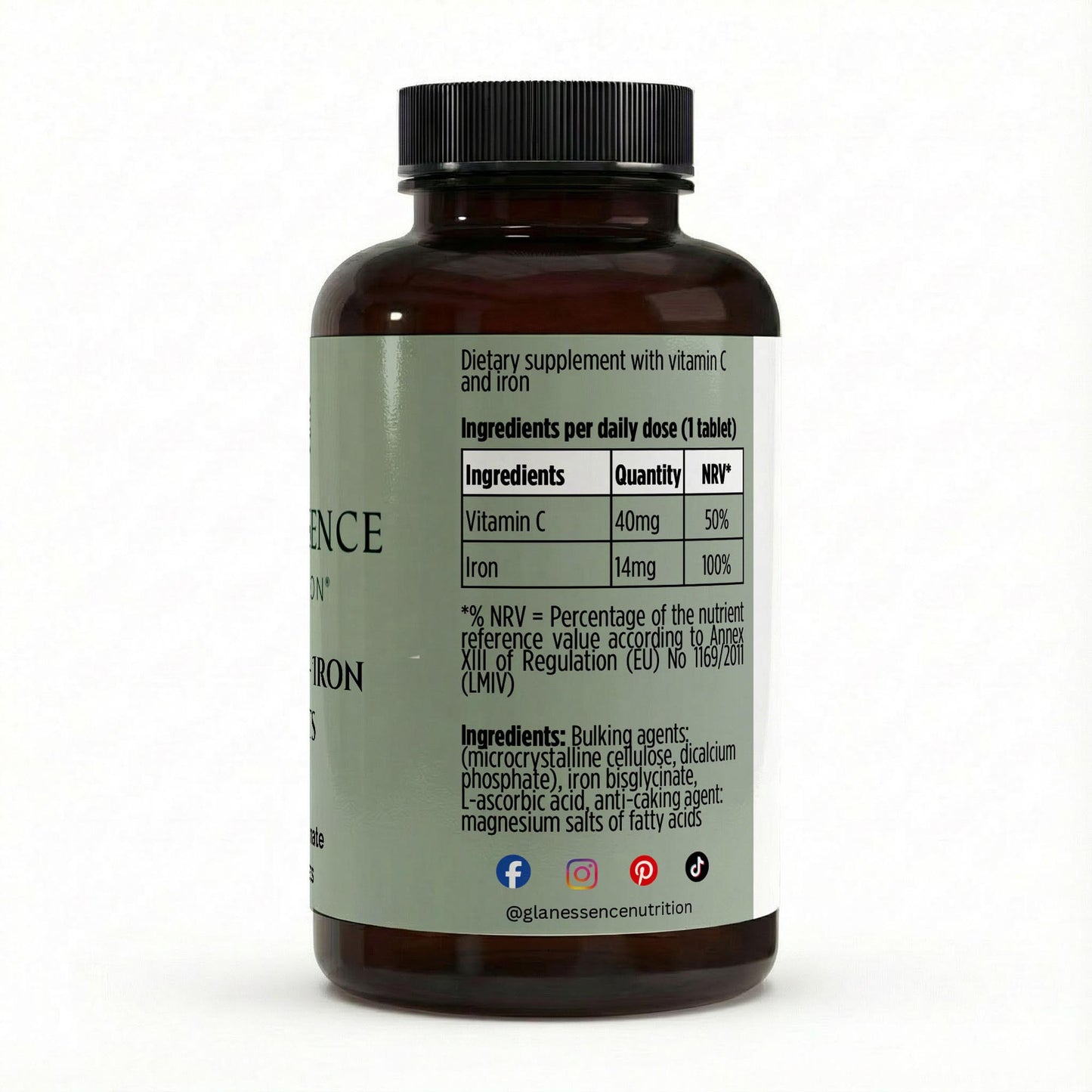 Supplement bottle with label showing ingredients and nutritional information on a white background