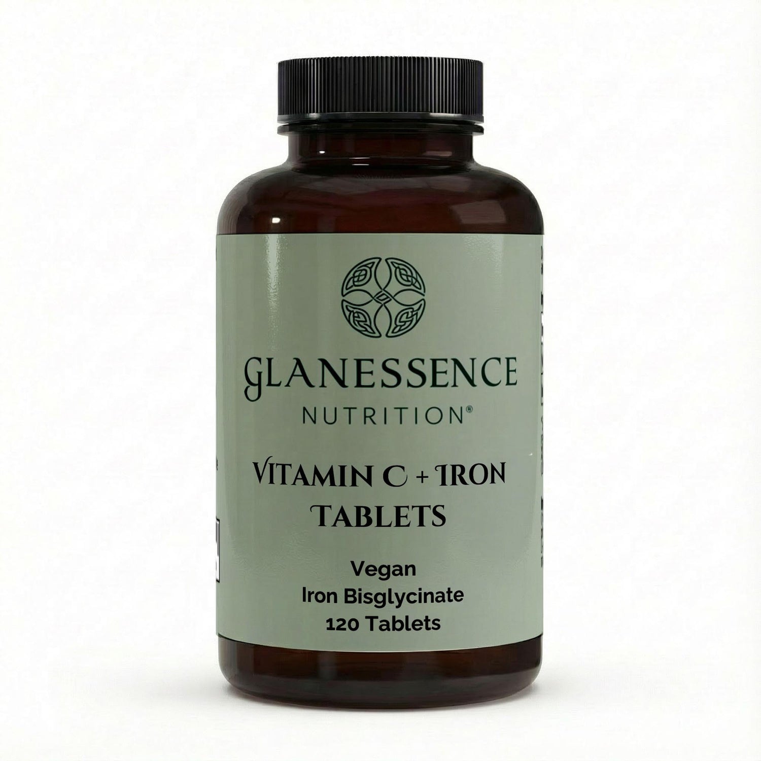 Glanessence Nutrition Vitamin C + Iron Tablets bottle on a white background